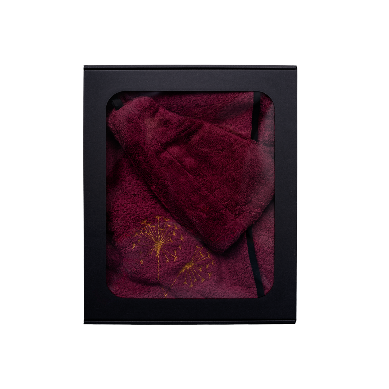 Darčeková sada v darčekovej krabičke pre ŇU. Dámska saunová čiapka a zástera - BORDOVÁ