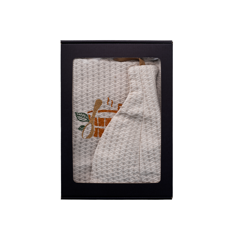 Darčeková sada v darčekovej krabičke pre NEHO. Pánska saunová čiapka a zástera - ĽANOVÁ, vyšívaná