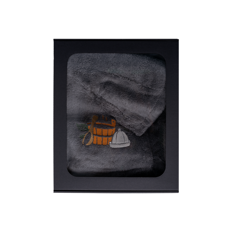 Darčeková sada v darčekovej krabičke pre NEHO. Pánska saunová čiapka a zástera - ŠEDÁ