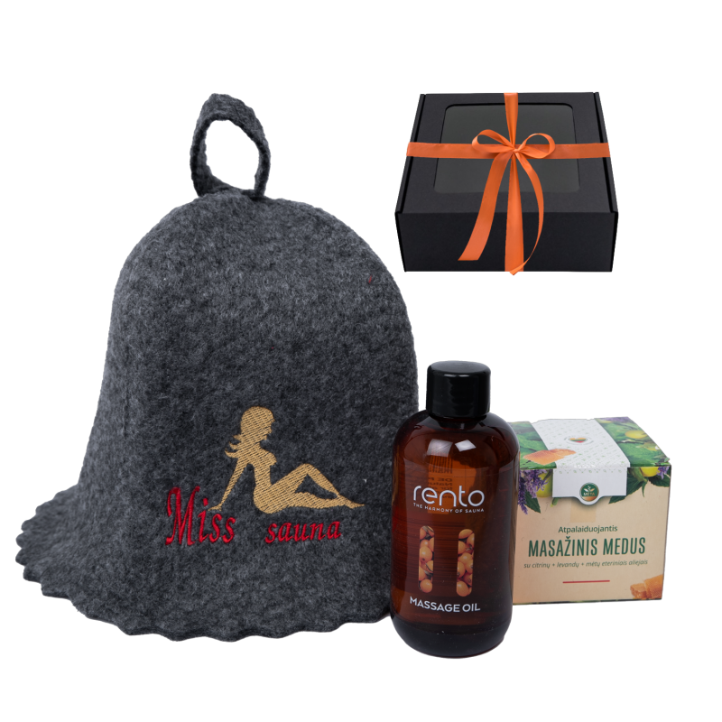 Darčekový set MISS SAUNA v darčekovom balení. Klobúk do sauny, masážny olej a med
