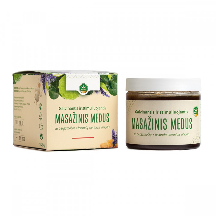Medová masážna zmes s esenciálnymi olejmi z bergamotu, levandule a rozmarínu, 250 g