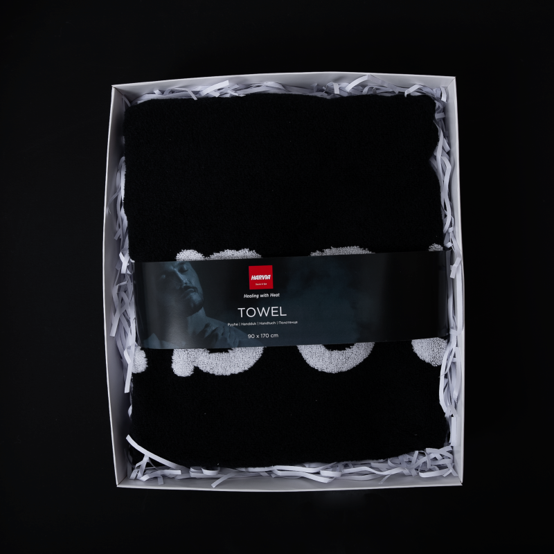 Uterák HARVIA #healingwithheat v darčekovom balení, 90 x 170 cm, čierny