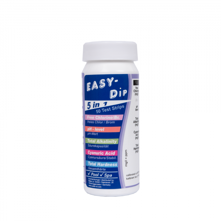 Testovacie prúžky na vodu Easy-Dip 5 v 1, testovanie pH/CL/BR/stabilizátora/alkalinity/tvrdosti