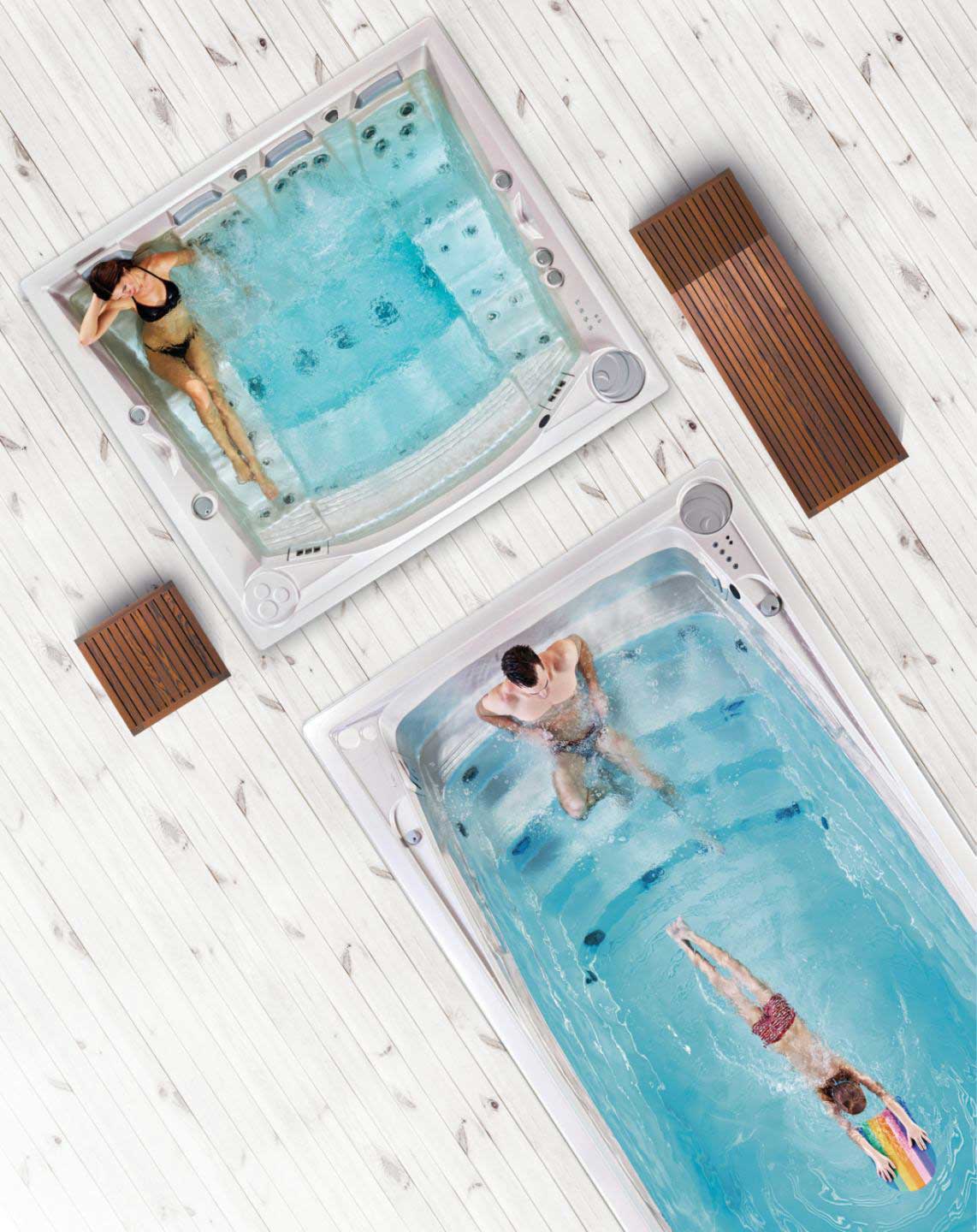 Pohľad zhora na kúpele USSPA a bazény swim spa s ľuďmi, ktorí relaxujú a plávajú